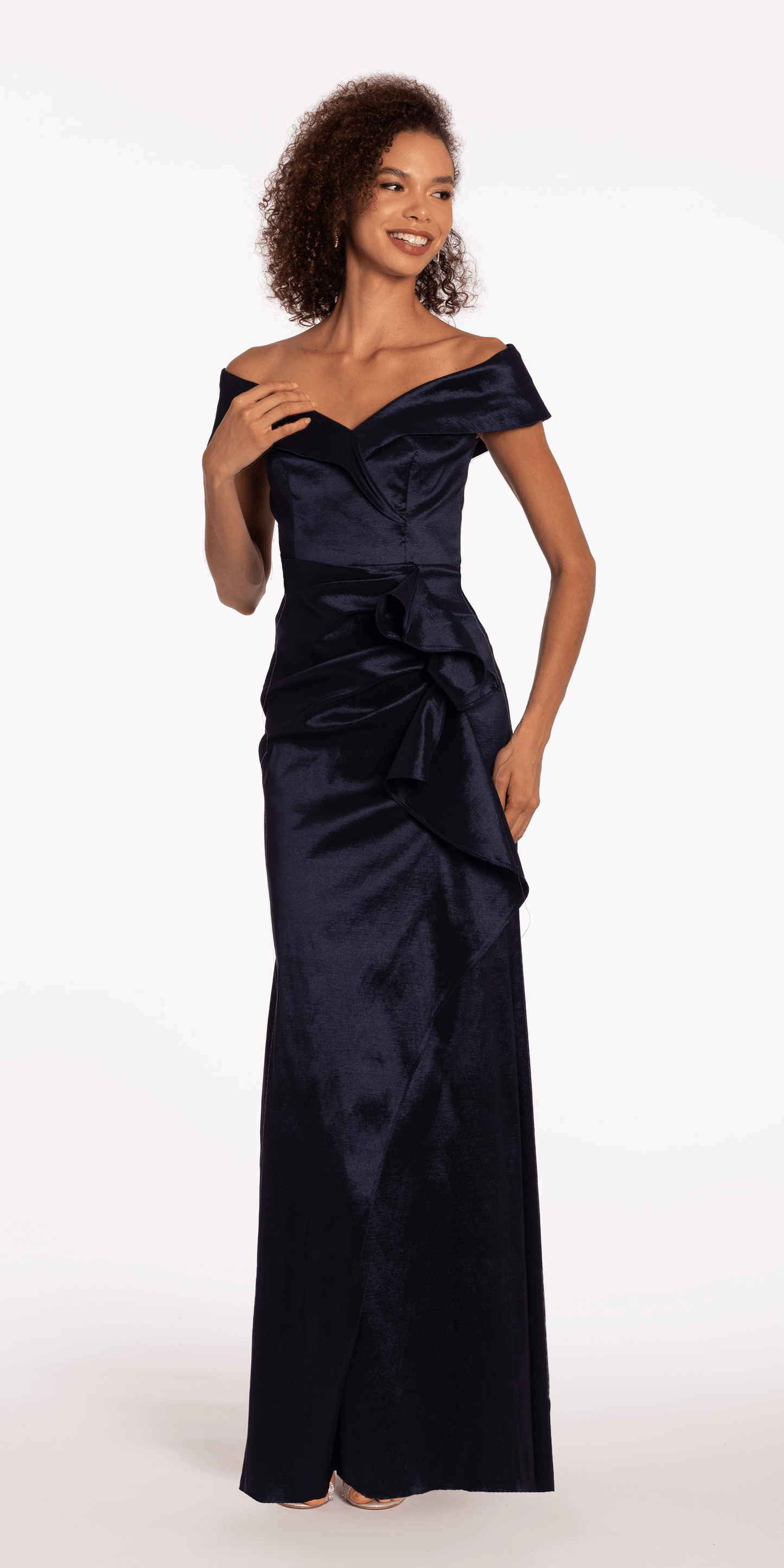 Taffeta Cuff Off the Shoulder Column Dress with Side Slit - Camille La Vie