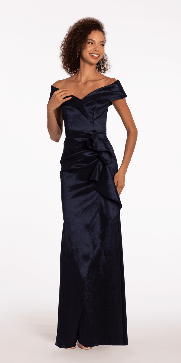 Taffeta Cuff Off the Shoulder Column Dress with Side Slit - Camille La Vie