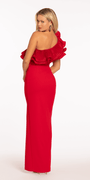 Scuba One Shoulder Column Dress with Pleated Ruffle Flower - Camille La Vie
