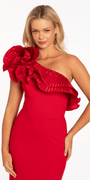 Scuba One Shoulder Column Dress with Pleated Ruffle Flower - Camille La Vie