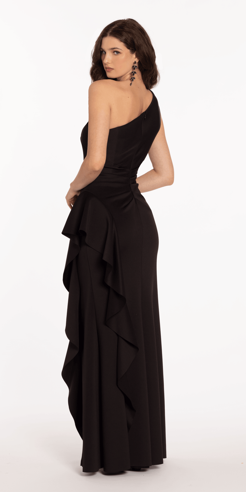 One Shoulder Scuba Trumpet Dress with Side Cascade - Camille La Vie