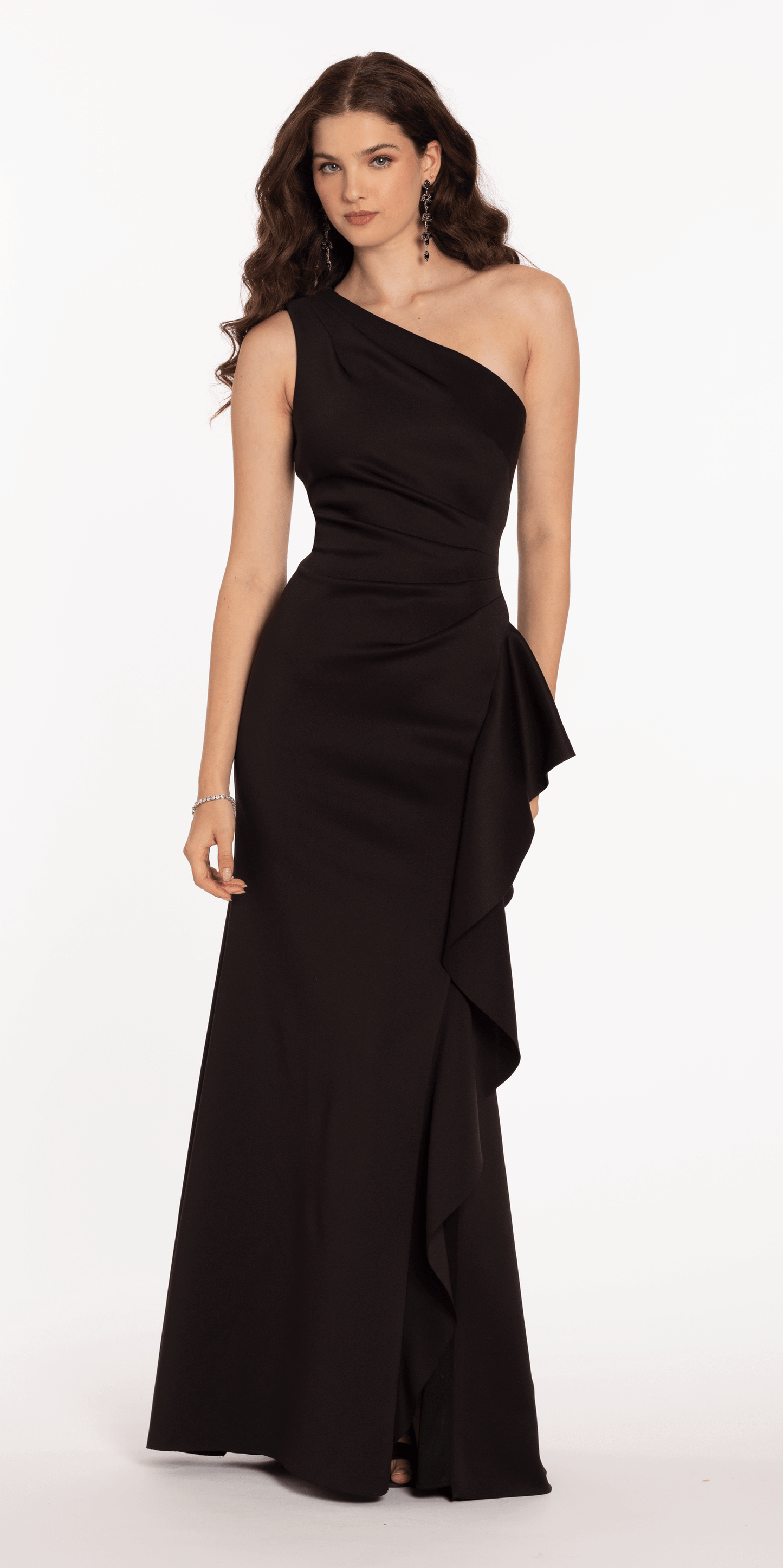 One Shoulder Scuba Trumpet Dress with Side Cascade - Camille La Vie