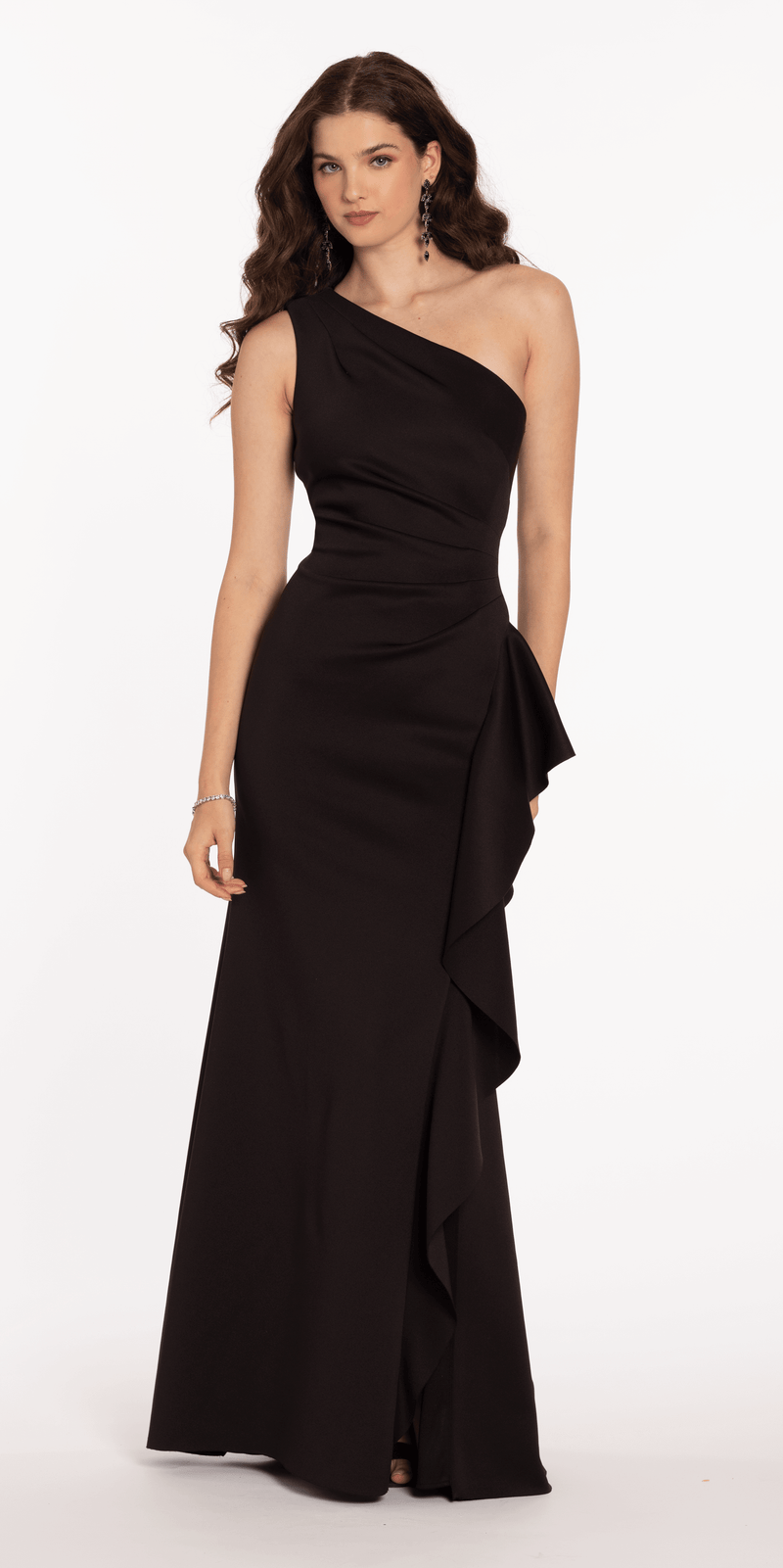 One Shoulder Scuba Trumpet Dress with Side Cascade - Camille La Vie