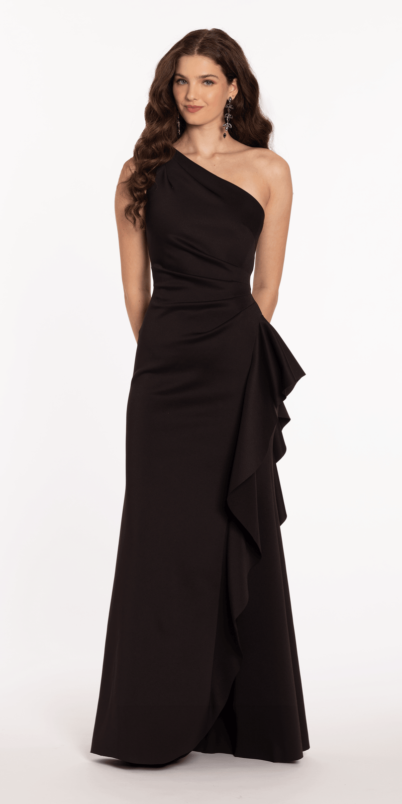 One Shoulder Scuba Trumpet Dress with Side Cascade - Camille La Vie