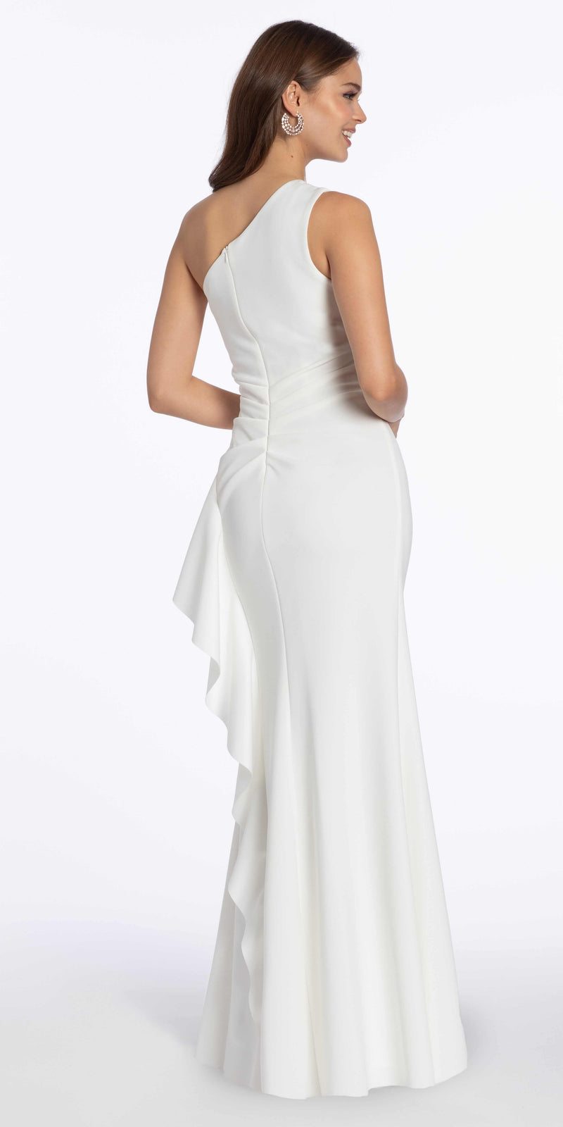 One Shoulder Scuba Trumpet Dress with Side Cascade - Camille La Vie