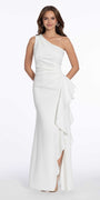 One Shoulder Scuba Trumpet Dress with Side Cascade - Camille La Vie