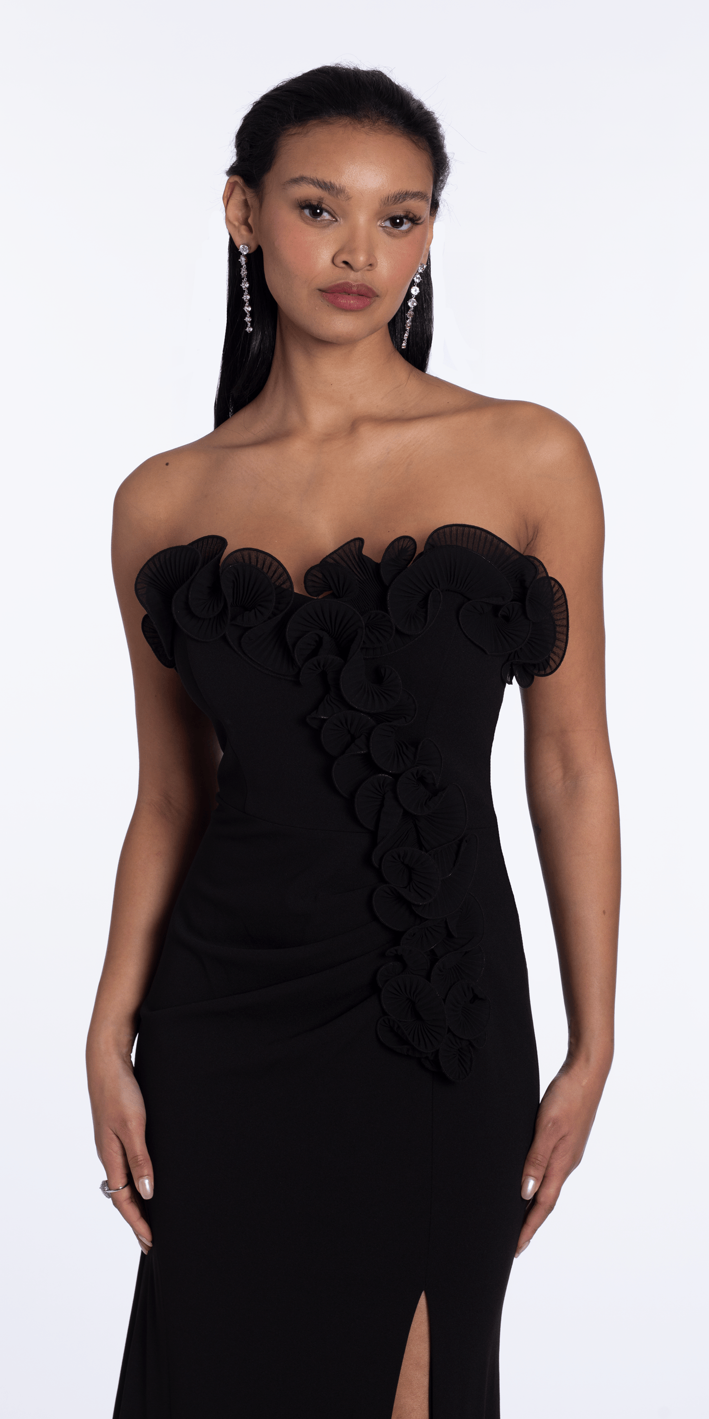 Strapless Ruffle Crepe Column Dress with Side Ruffle - Camille La Vie