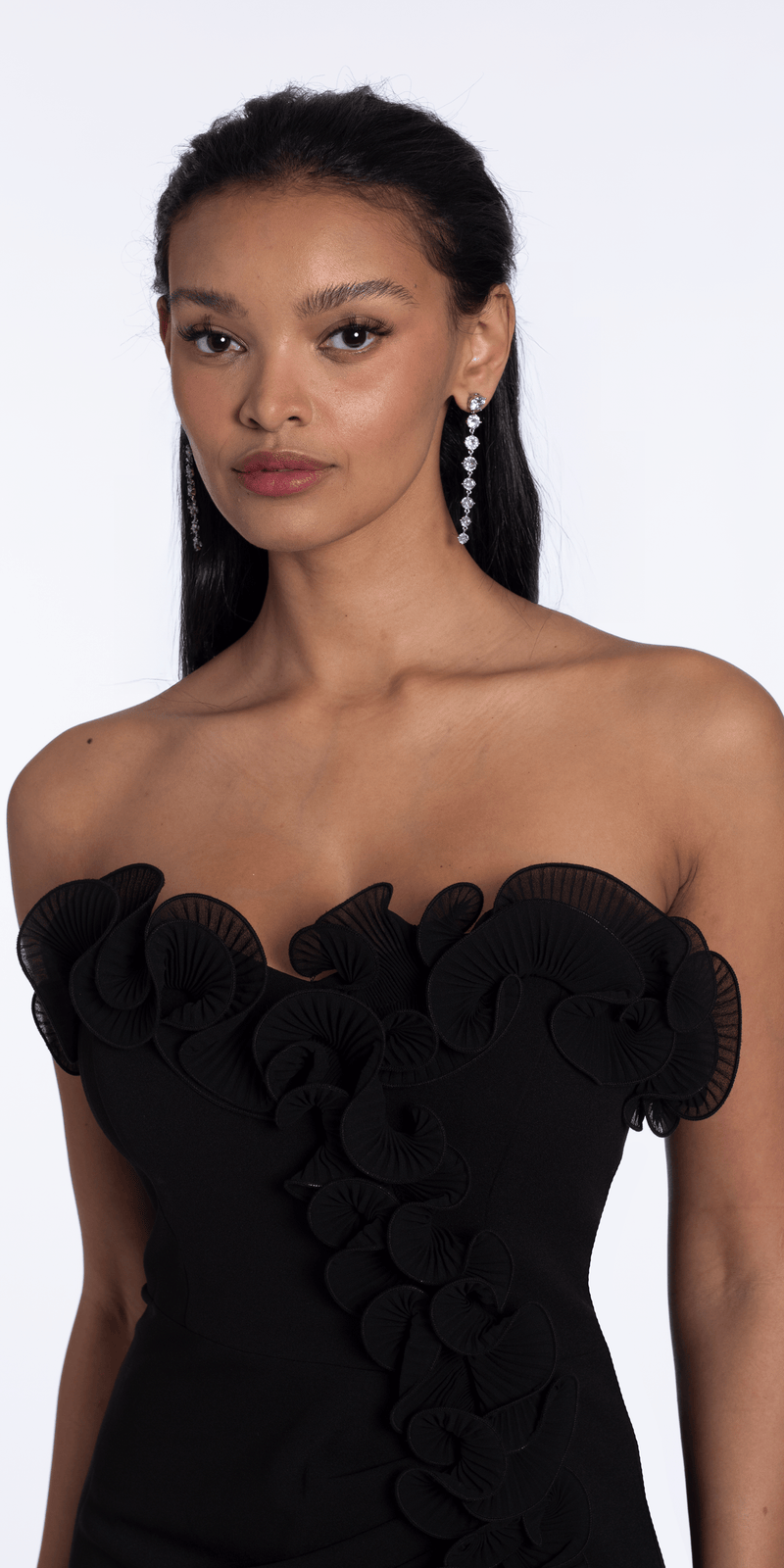 Strapless Ruffle Crepe Column Dress with Side Ruffle - Camille La Vie