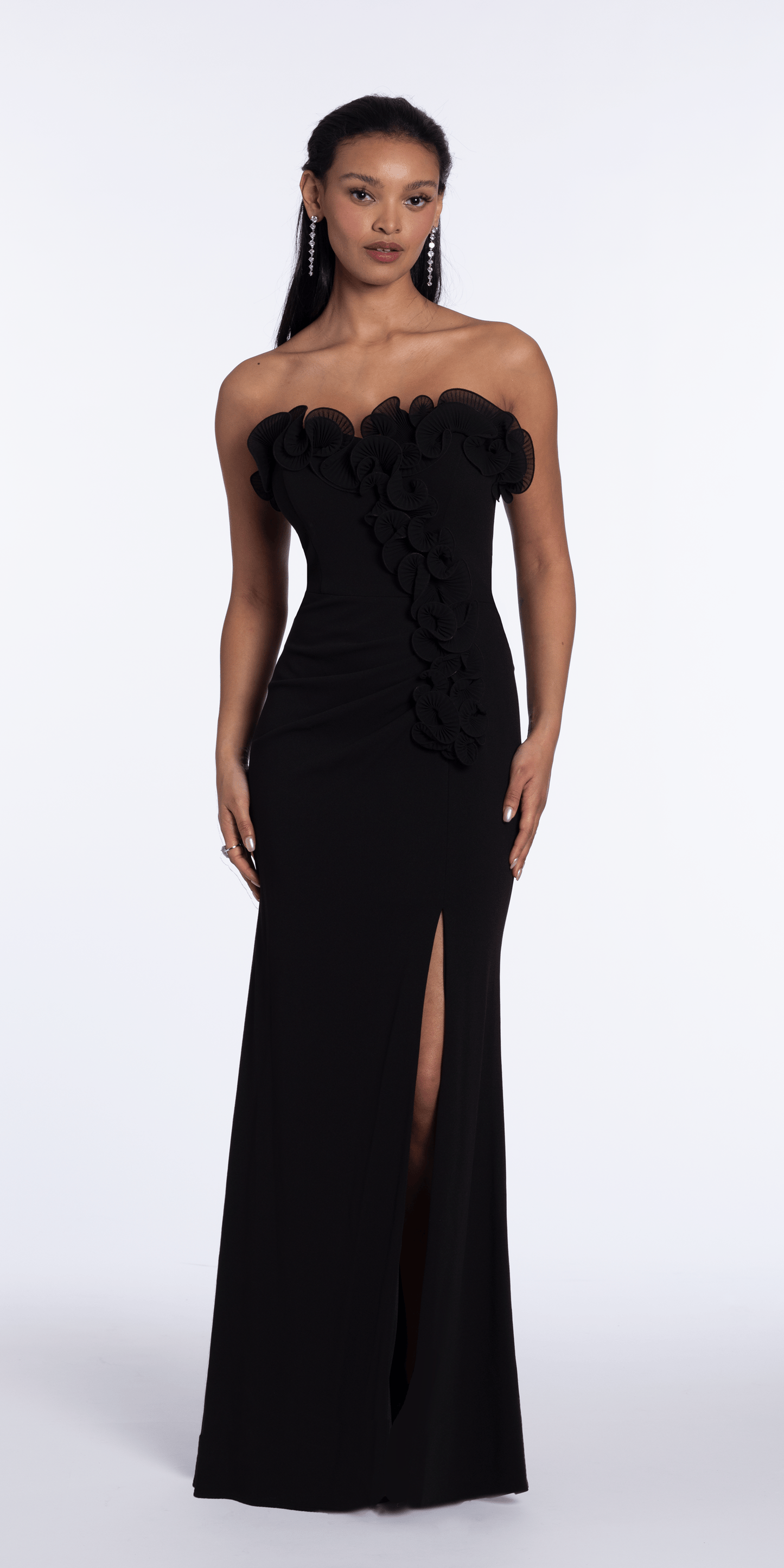 Strapless Ruffle Crepe Column Dress with Side Ruffle - Camille La Vie