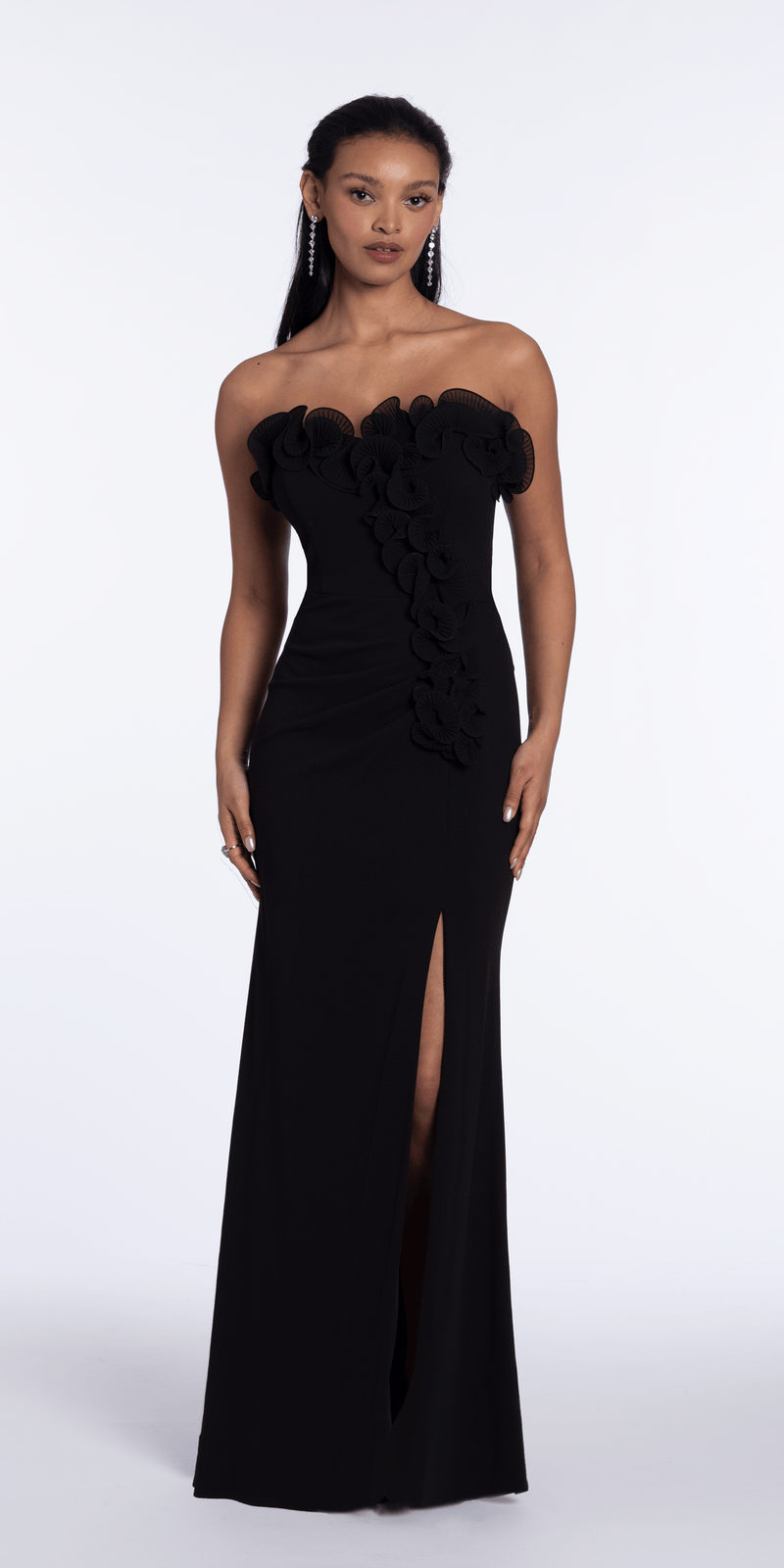 Strapless Ruffle Crepe Column Dress with Side Ruffle - Camille La Vie