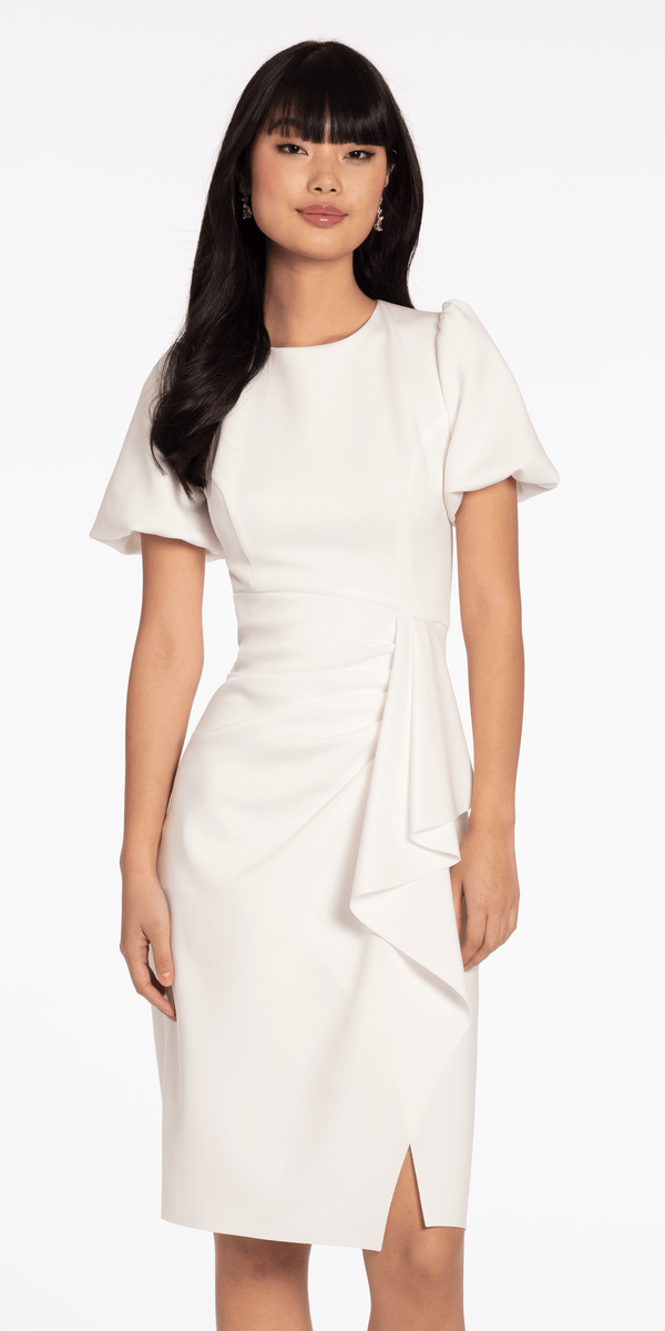 Short Puff Sleeve Scuba Midi Dress with Side Cascade - Camille La Vie