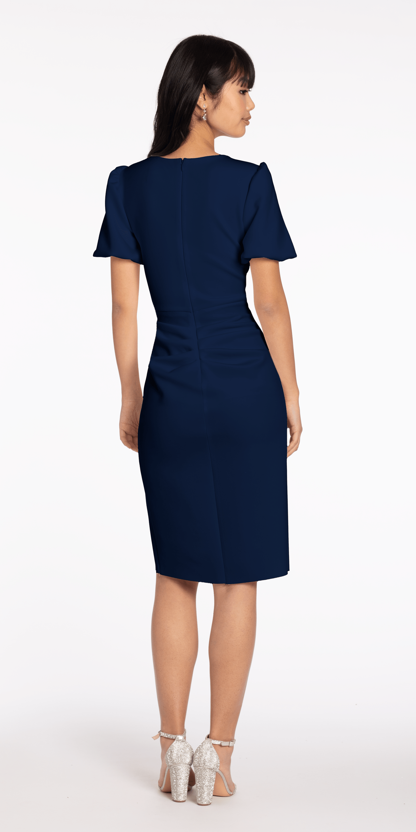 Short Puff Sleeve Scuba Midi Dress with Side Cascade - Camille La Vie