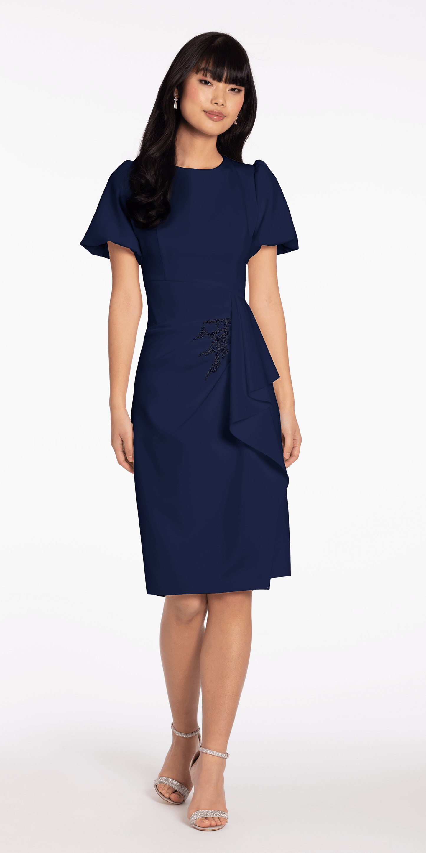 Short Puff Sleeve Scuba Midi Dress with Side Cascade - Camille La Vie