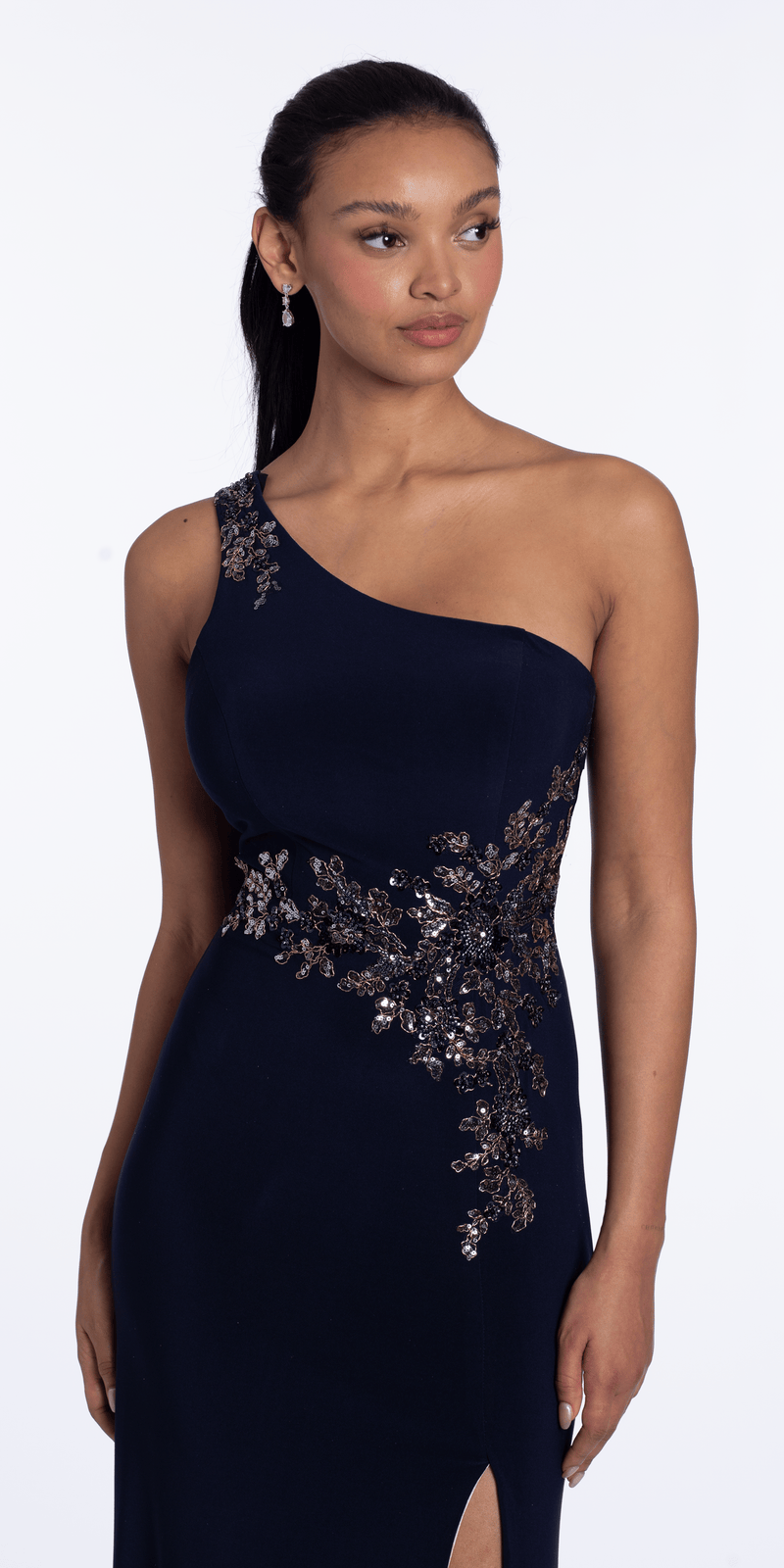 Jersey One Shoulder Column Dress with Embroidery and Contrast Lining - Camille La Vie