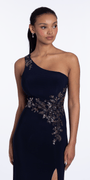 Jersey One Shoulder Column Dress with Embroidery and Contrast Lining - Camille La Vie