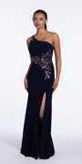 Jersey One Shoulder Column Dress with Embroidery and Contrast Lining - Camille La Vie