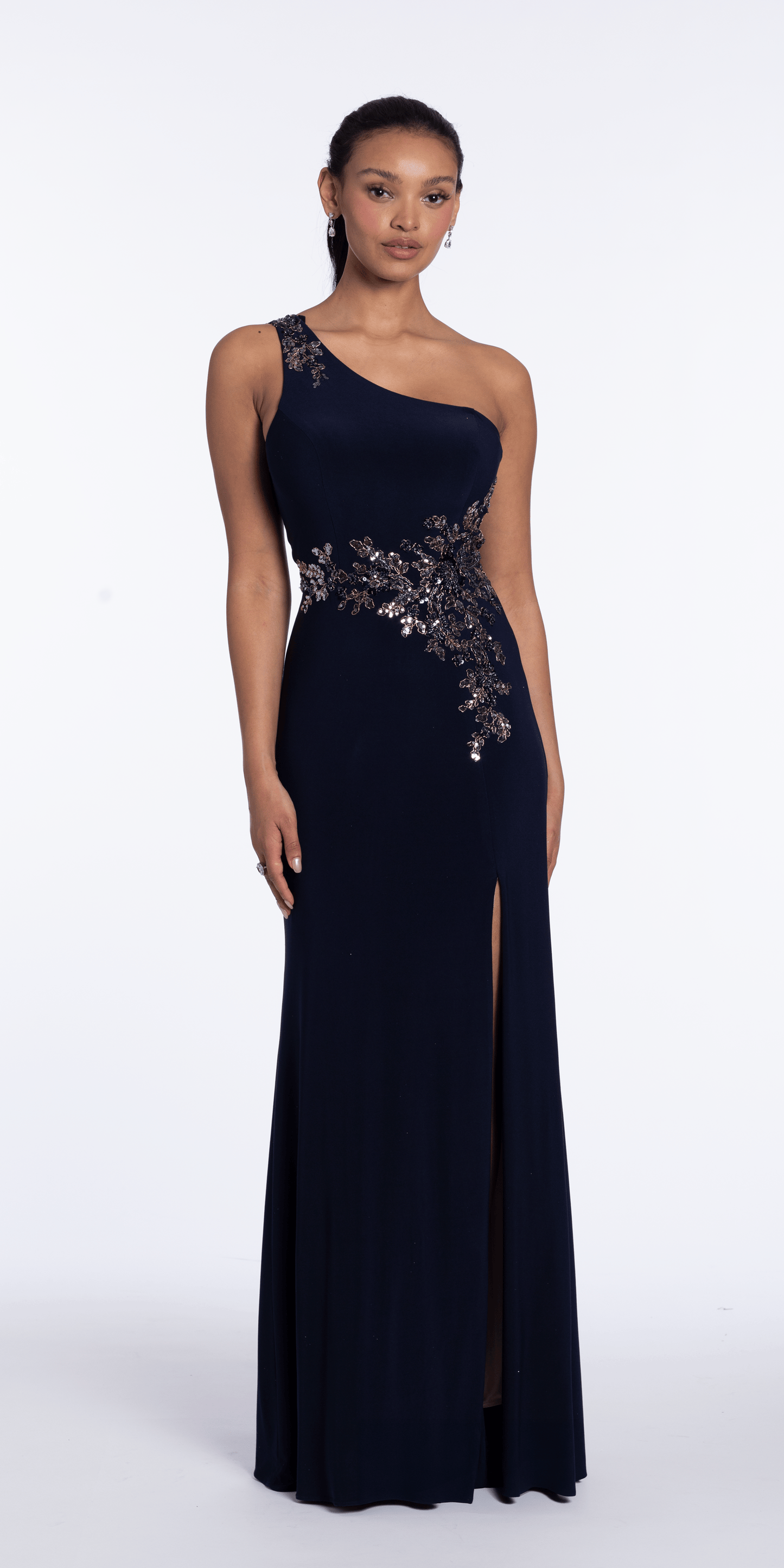 Jersey One Shoulder Column Dress with Embroidery and Contrast Lining - Camille La Vie