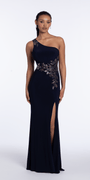 Jersey One Shoulder Column Dress with Embroidery and Contrast Lining - Camille La Vie