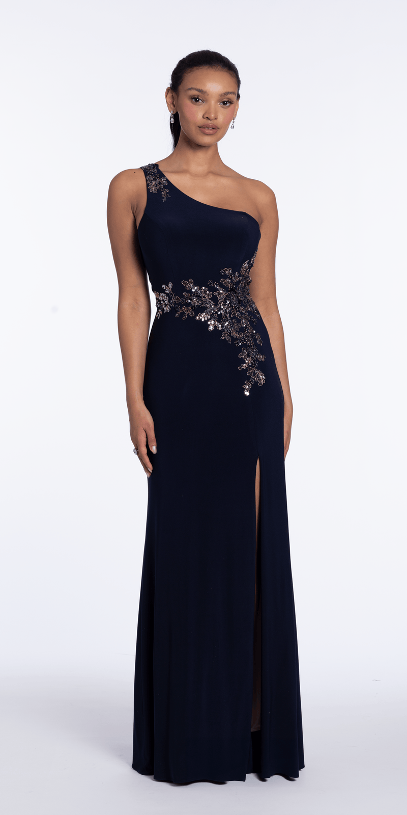 Jersey One Shoulder Column Dress with Embroidery and Contrast Lining - Camille La Vie