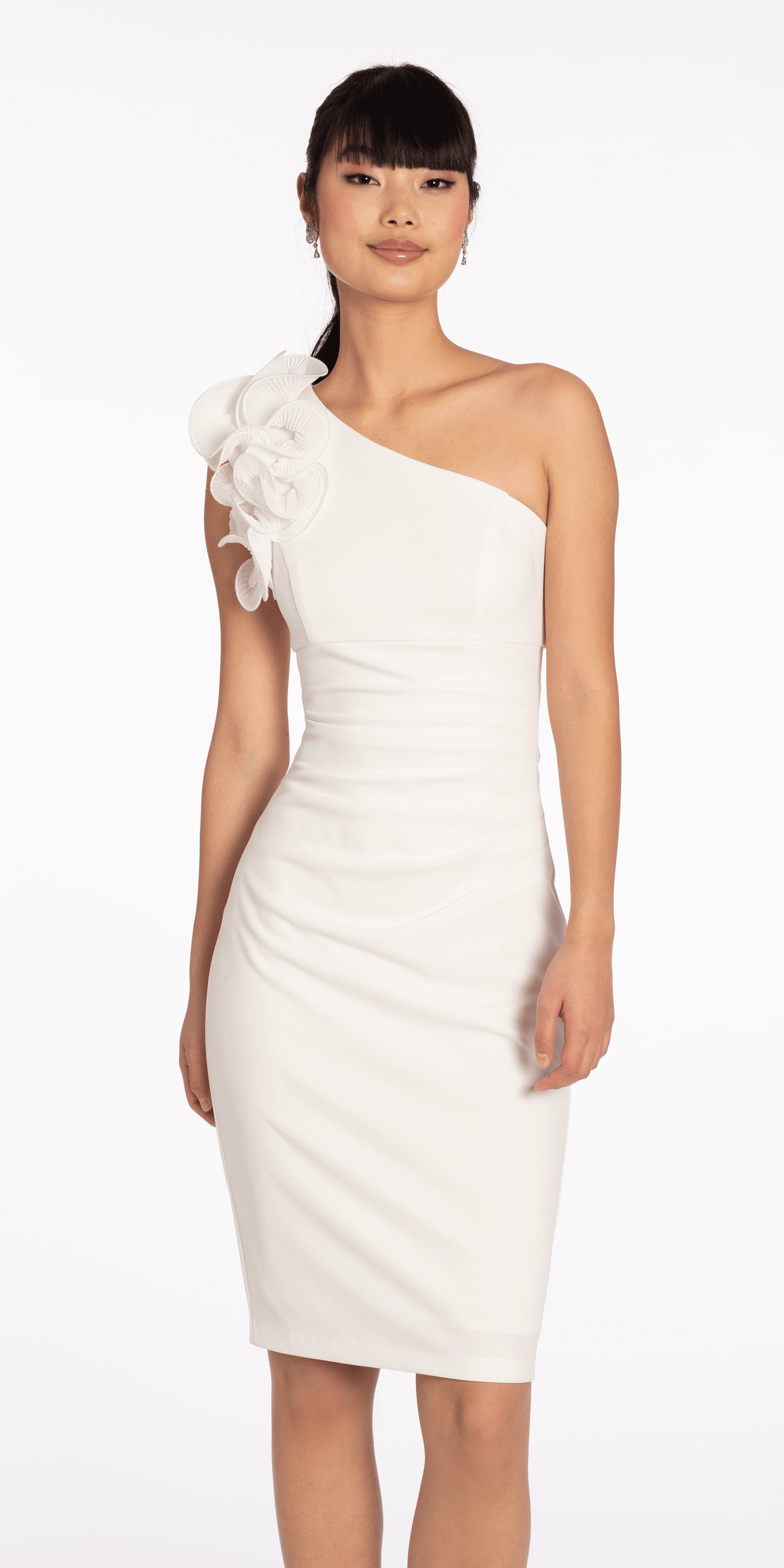 Crepe One Shoulder Ruffle Midi Dress with Ruching - Camille La Vie