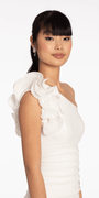 Crepe One Shoulder Ruffle Midi Dress with Ruching - Camille La Vie