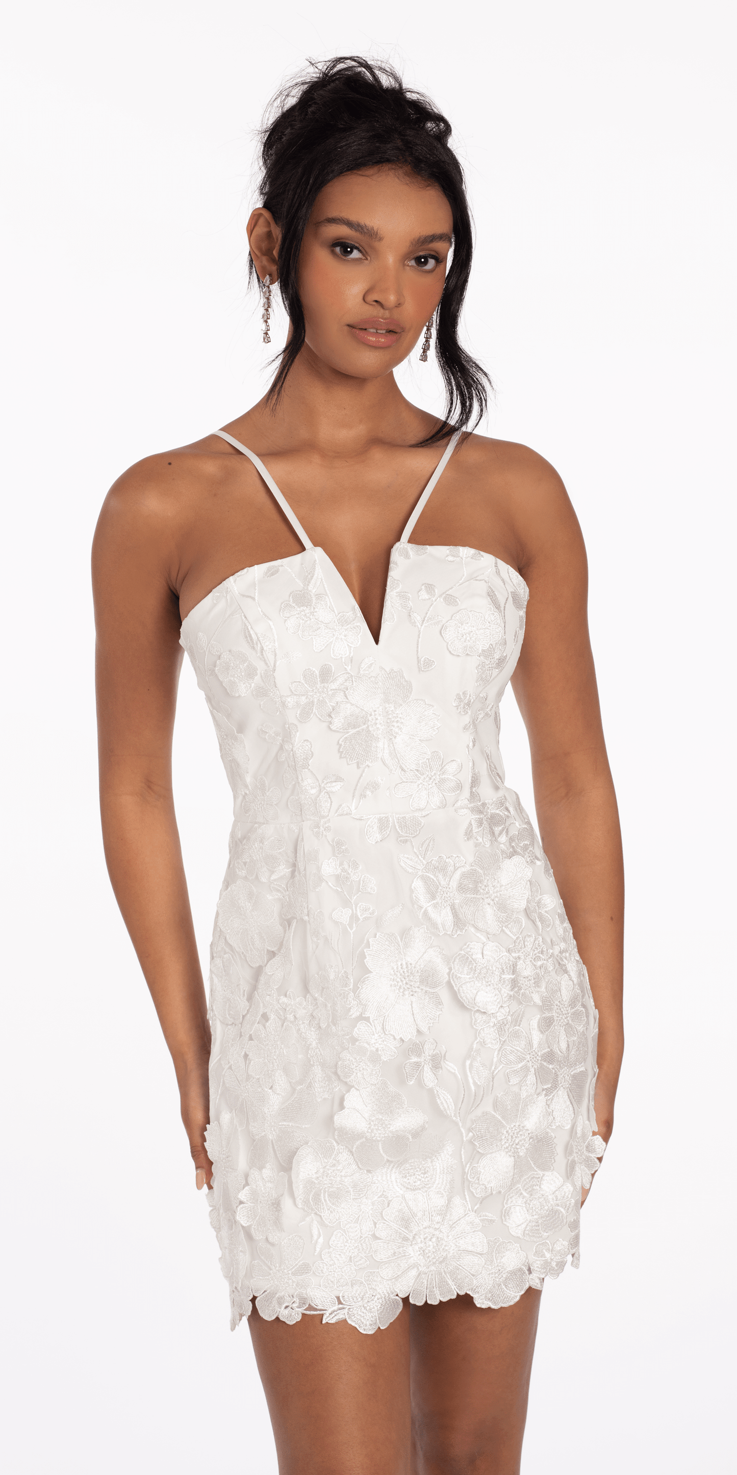 V Notch Halter Mesh 3D Floral Dress with Scalloped Hem - Camille La Vie