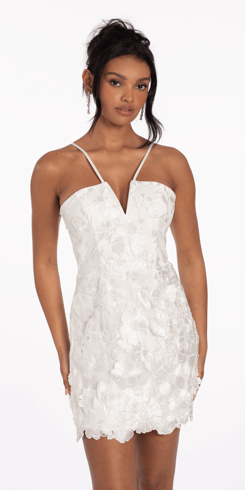 V Notch Halter Mesh 3D Floral Dress with Scalloped Hem - Camille La Vie