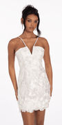 V Notch Halter Mesh 3D Floral Dress with Scalloped Hem - Camille La Vie