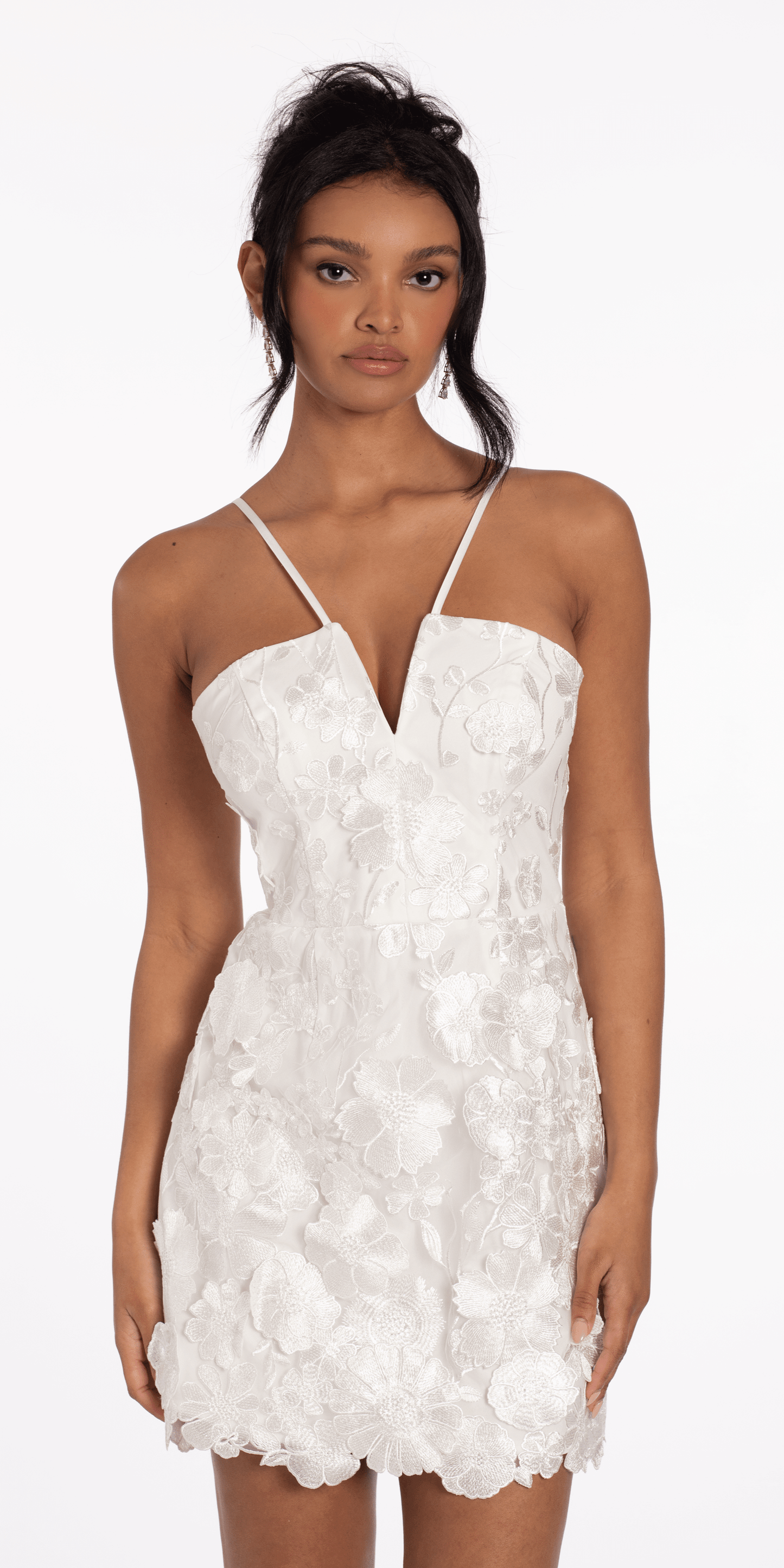 V Notch Halter Mesh 3D Floral Dress with Scalloped Hem - Camille La Vie