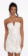 V Notch Halter Mesh 3D Floral Dress with Scalloped Hem - Camille La Vie