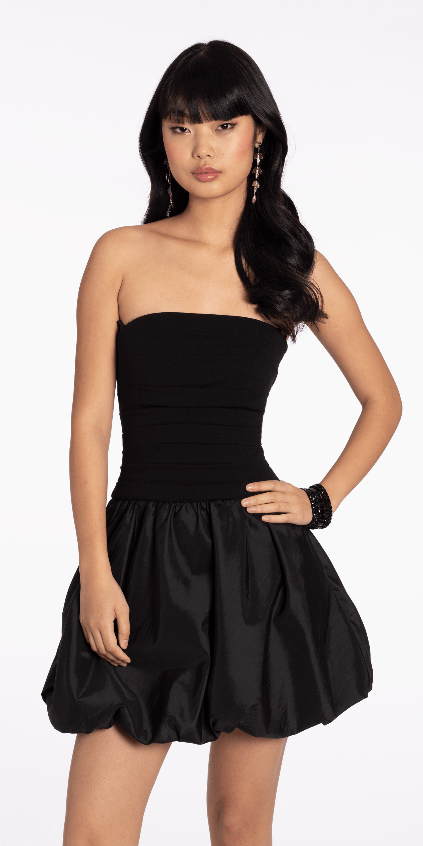 Strapless Scuba Fit and Flare Dress with Taffeta Bubble Hem - Camille La Vie