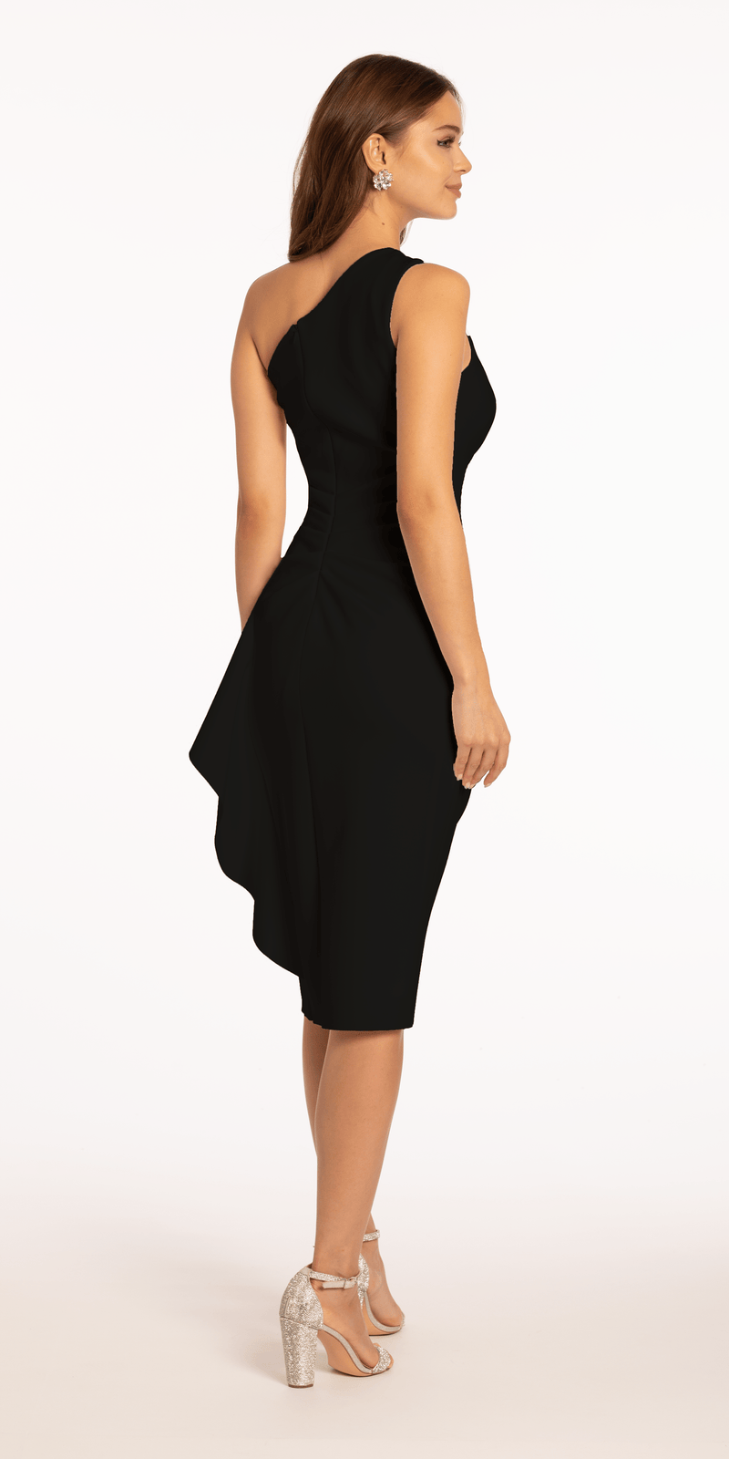 Scuba One Shoulder Ruched Midi Dress with Side Cascade - Camille La Vie