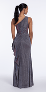 Two Tone Metallic One Shoulder Column Dress with Side Cascade - Camille La Vie