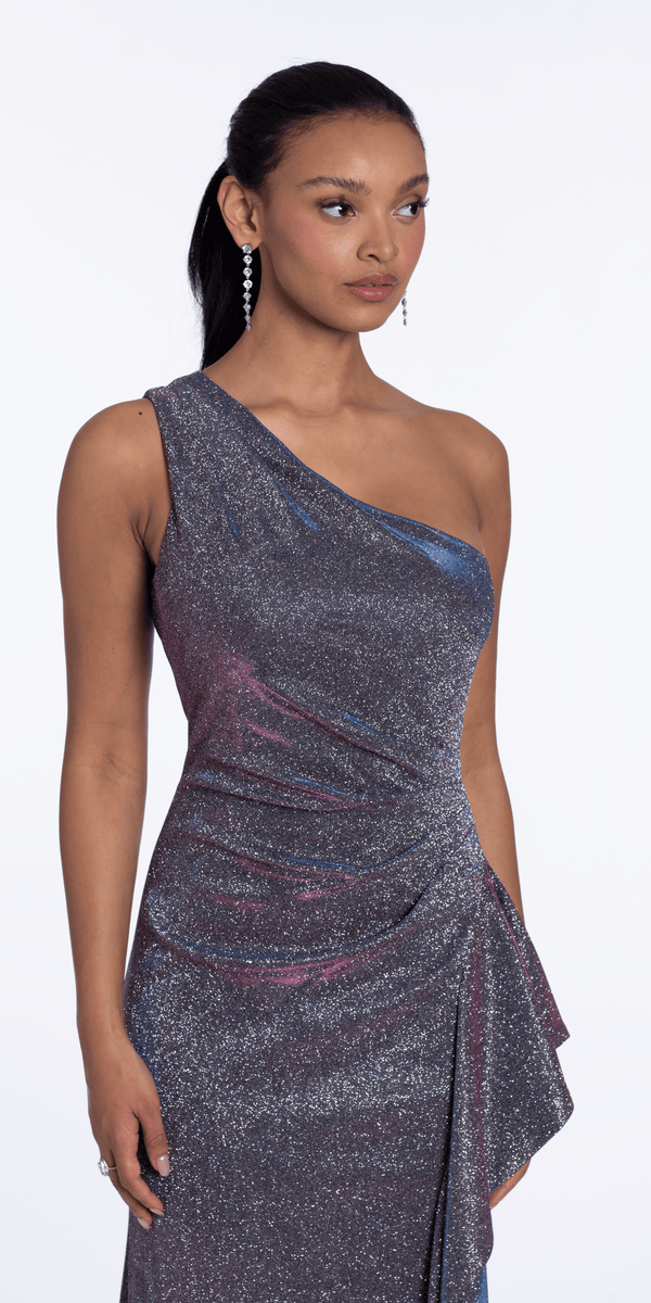 Two Tone Metallic One Shoulder Column Dress with Side Cascade - Camille La Vie