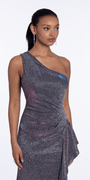 Two Tone Metallic One Shoulder Column Dress with Side Cascade - Camille La Vie