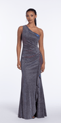 Two Tone Metallic One Shoulder Column Dress with Side Cascade - Camille La Vie