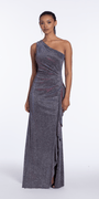 Two Tone Metallic One Shoulder Column Dress with Side Cascade - Camille La Vie