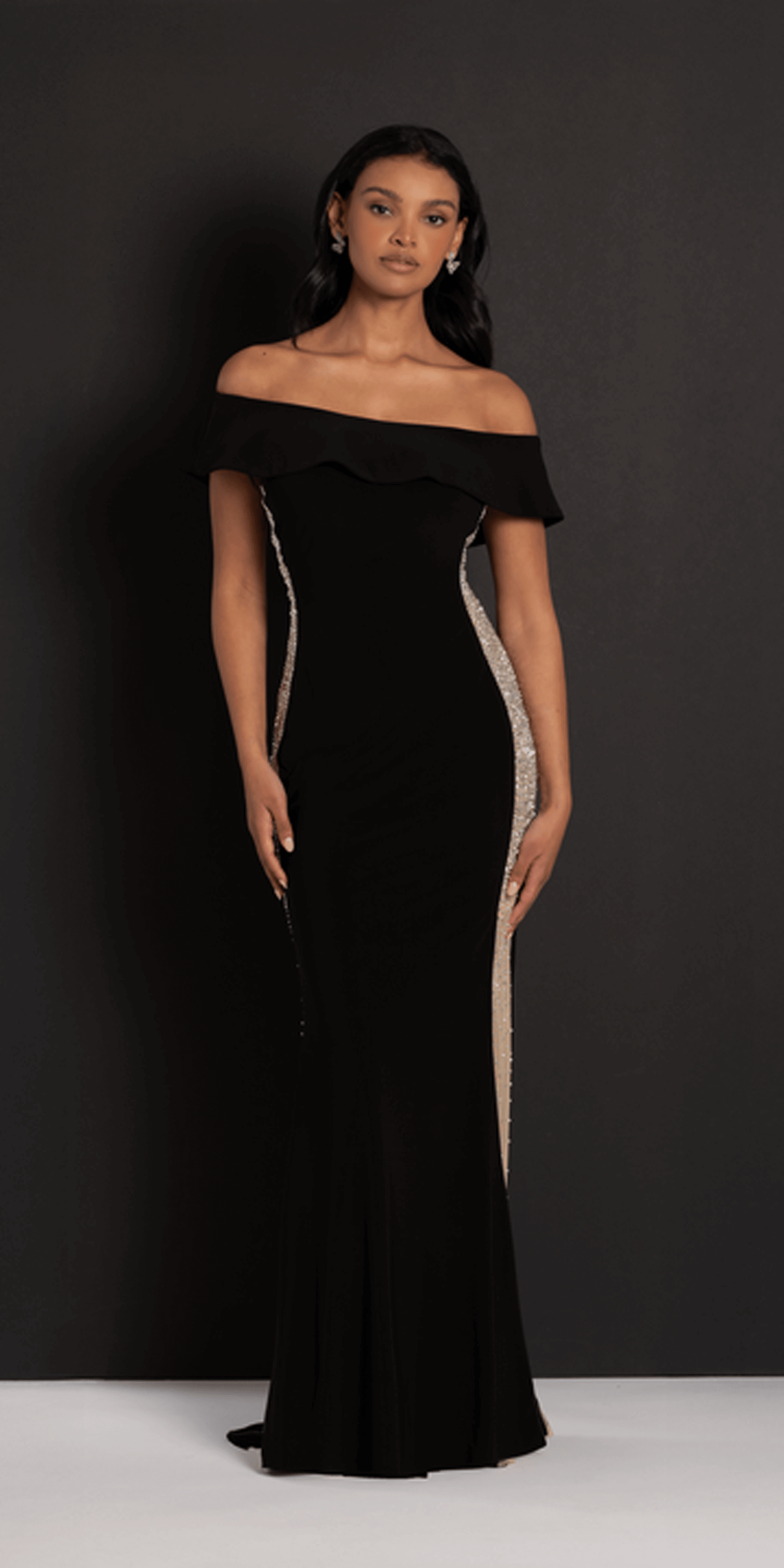 Jersey Off the Shoulder Column Dress with Beaded Side Panels - Camille La Vie