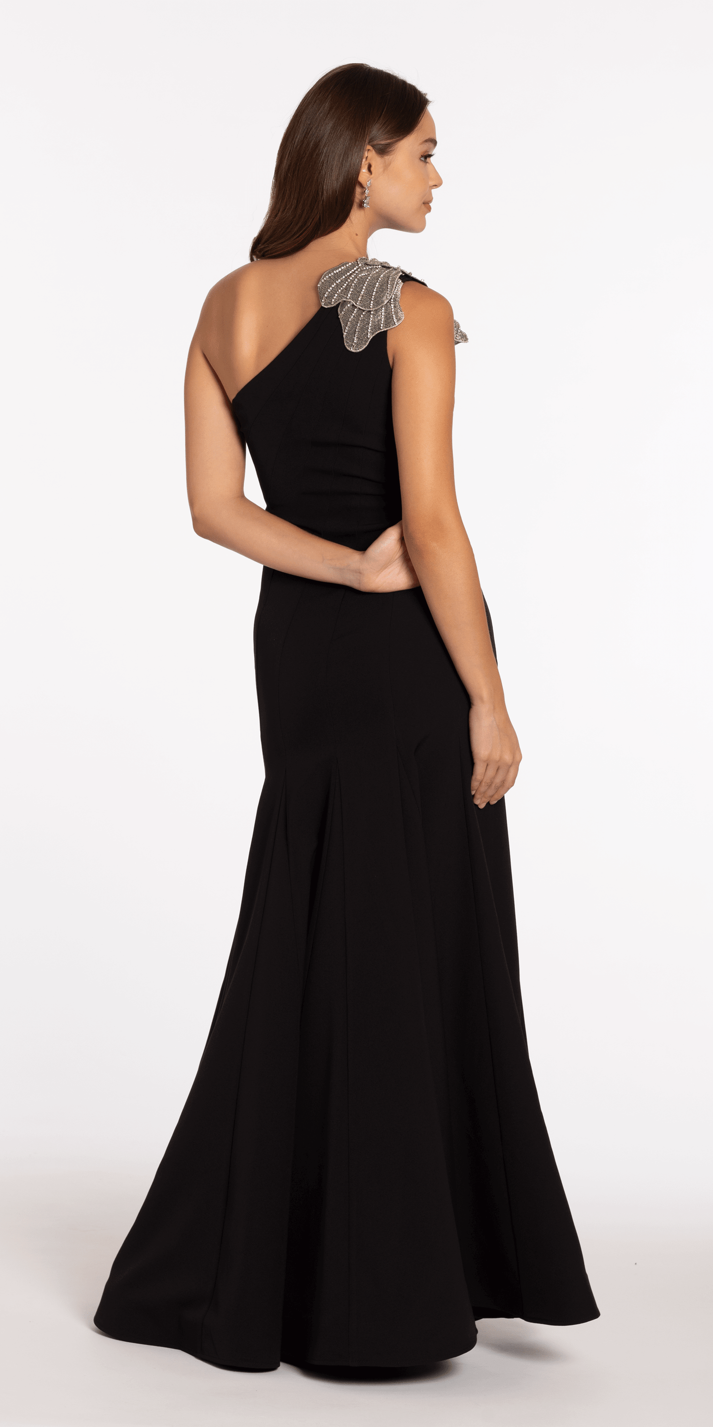 Jersey One Shoulder Mermaid Dress with Beaded Floral Applique - Camille La Vie