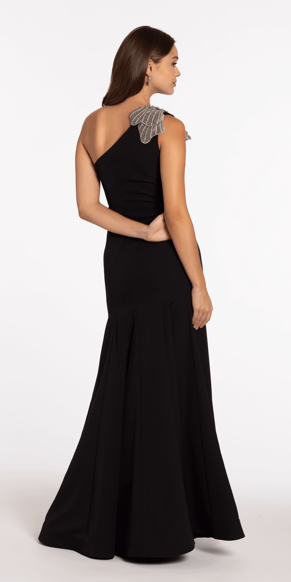 Jersey One Shoulder Mermaid Dress with Beaded Floral Applique - Camille La Vie