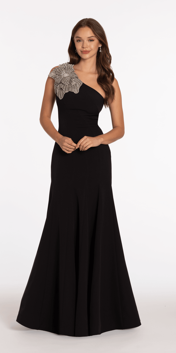 Jersey One Shoulder Mermaid Dress with Beaded Floral Applique - Camille La Vie