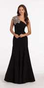 Jersey One Shoulder Mermaid Dress with Beaded Floral Applique - Camille La Vie