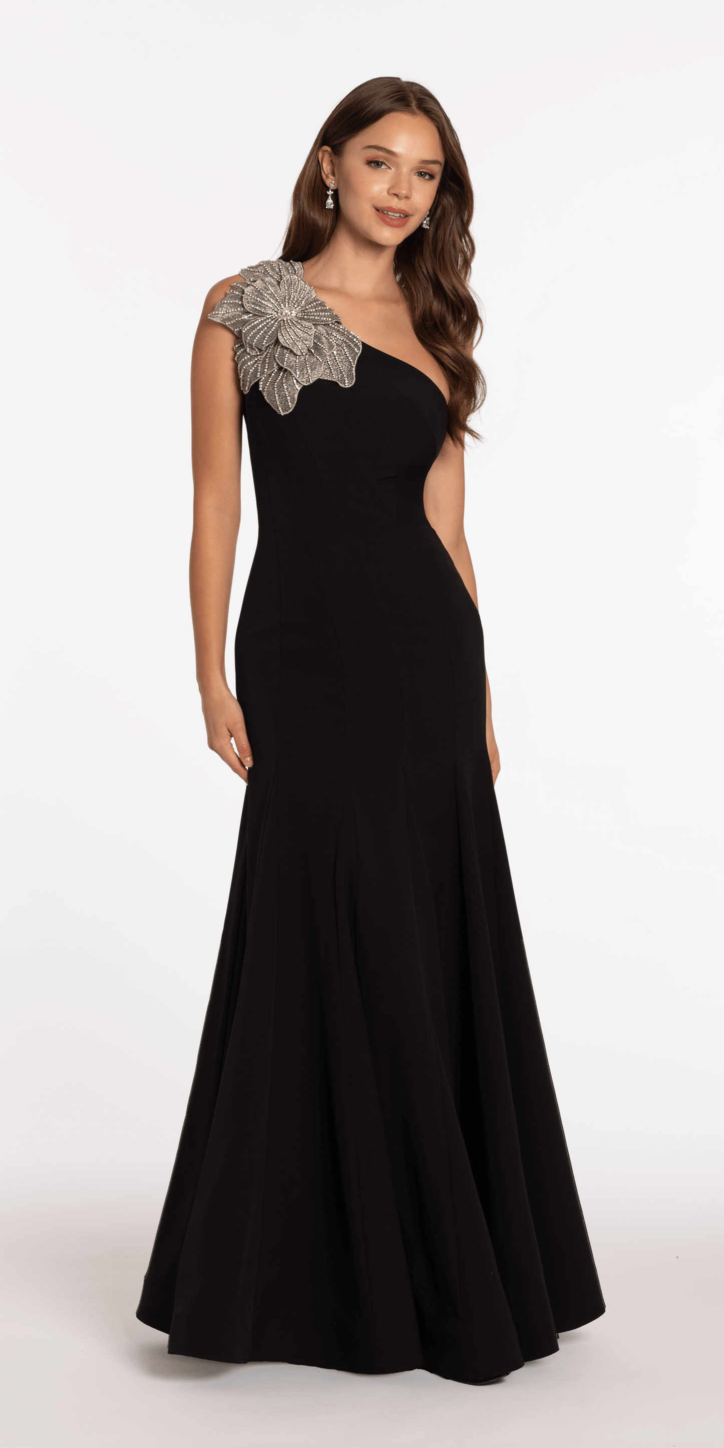Jersey One Shoulder Mermaid Dress with Beaded Floral Applique - Camille La Vie