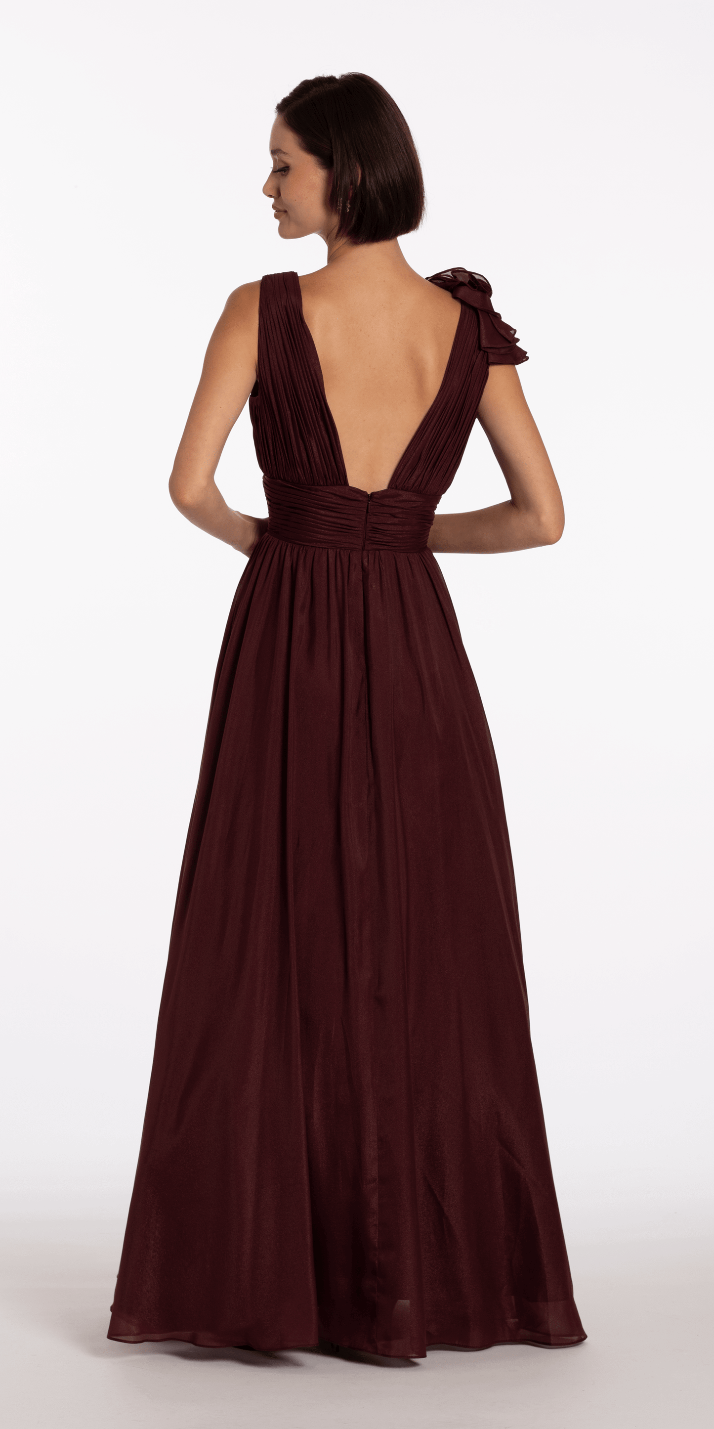 Pleated Organza V Neck Ballgown with 3D Ruffle - Camille La Vie