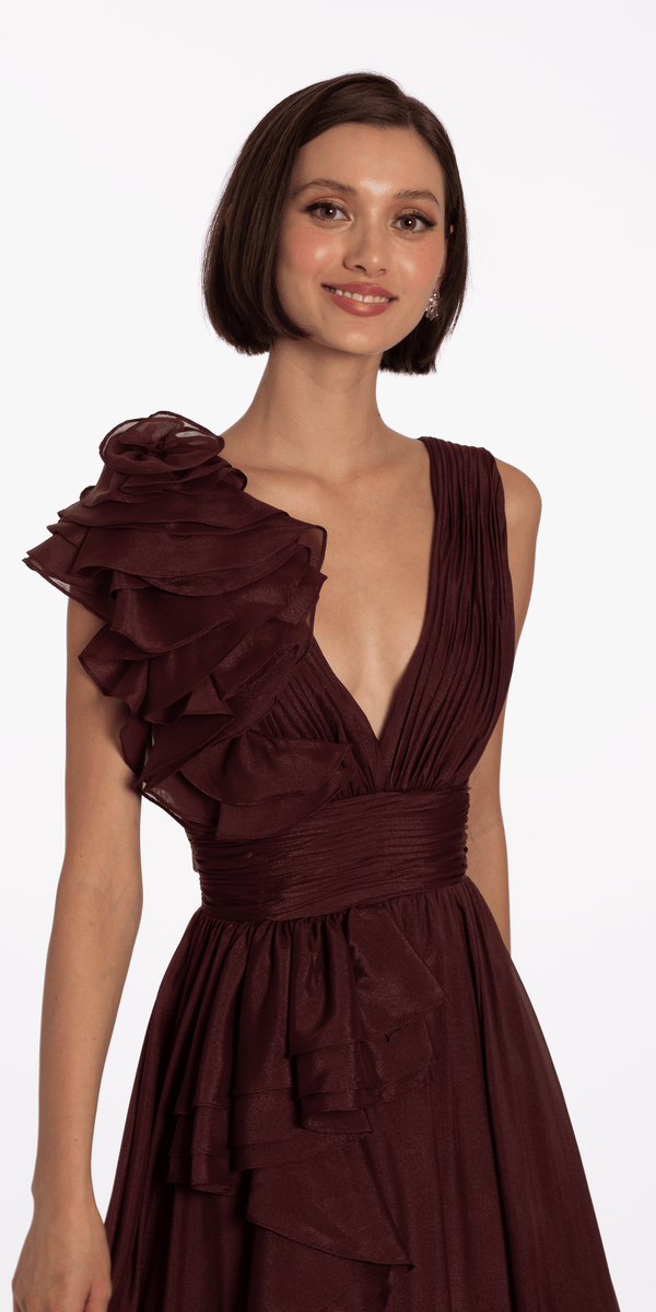 Pleated Organza V Neck Ballgown with 3D Ruffle - Camille La Vie