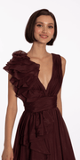 Pleated Organza V Neck Ballgown with 3D Ruffle - Camille La Vie