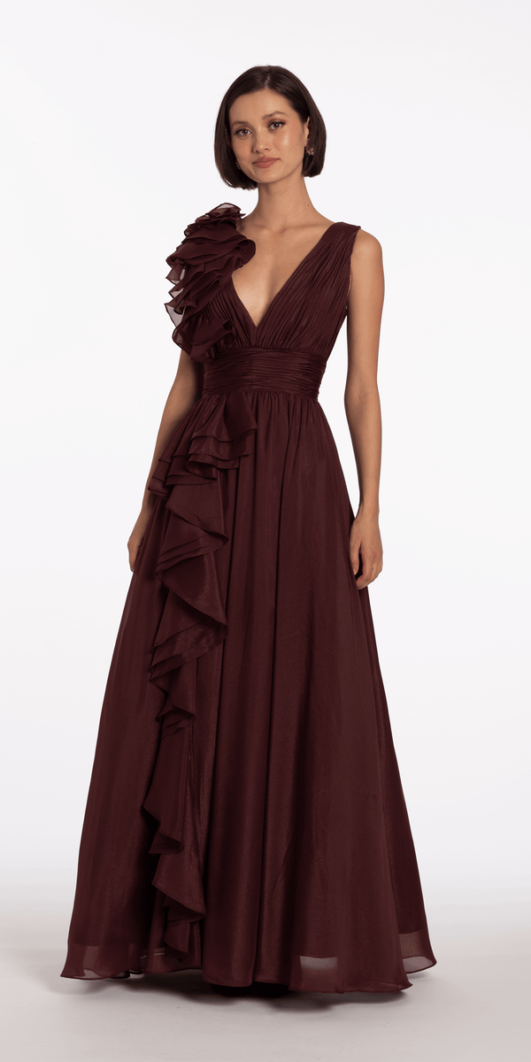 Pleated Organza V Neck Ballgown with 3D Ruffle - Camille La Vie