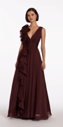 Pleated Organza V Neck Ballgown with 3D Ruffle - Camille La Vie