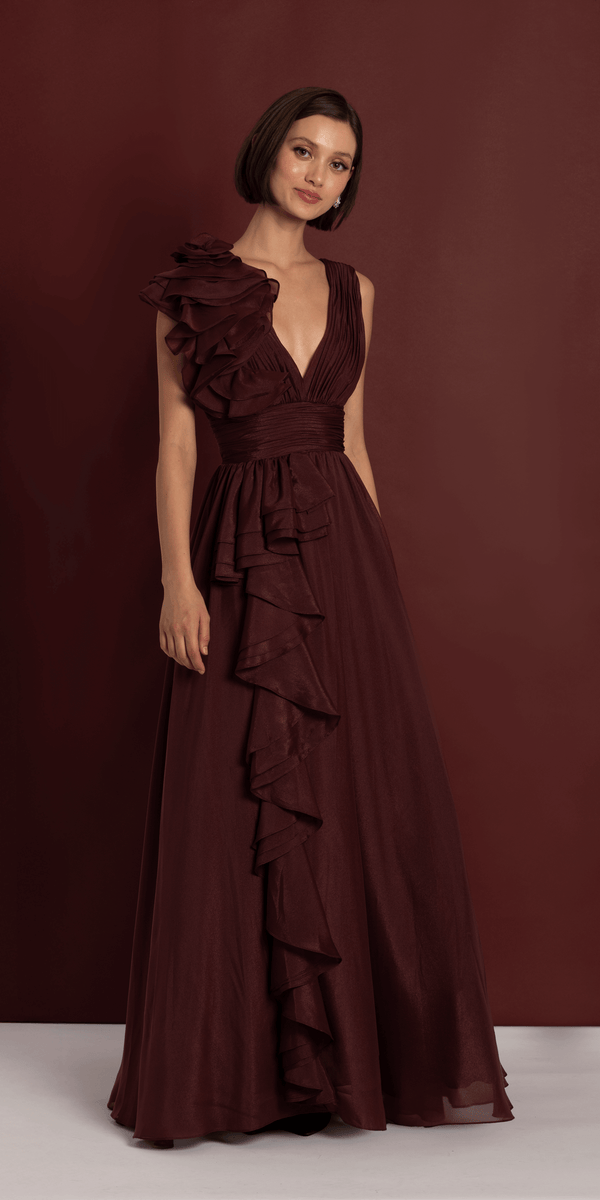 Pleated Organza V Neck Ballgown with 3D Ruffle - Camille La Vie