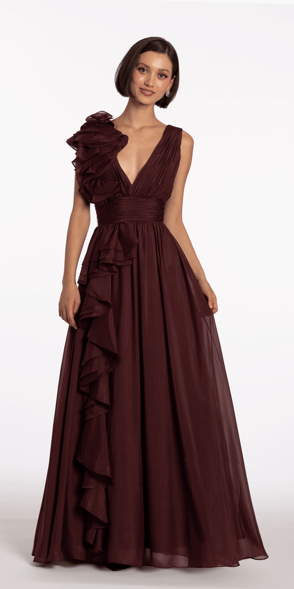 Pleated Organza V Neck Ballgown with 3D Ruffle - Camille La Vie
